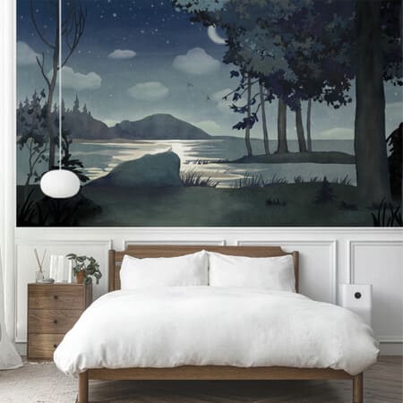 décor panoramique représentant un paysage au bord de lac à la nuit tombée avec la lune