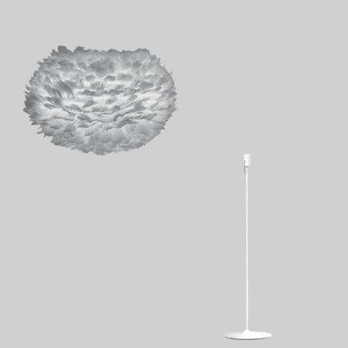 Abat-jour gris en plume d'oie et pied de lampe blanc
