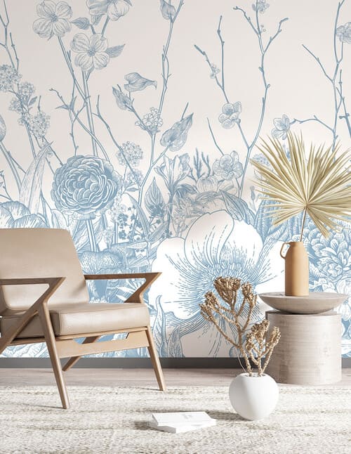 Papier peint panoramique bleu et blanc dans un style floral