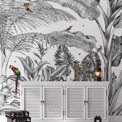 papier peint gris représentant une jungle d'arbres tropicaux