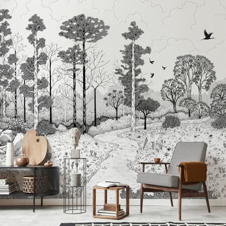 décor panoramique noir et blanc, représentant une scène dans un bois avec une biche