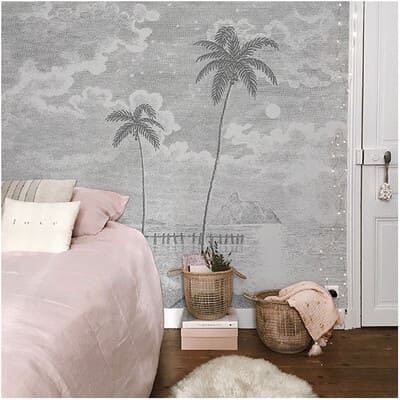papier peint gris avec des palmiers et une plage