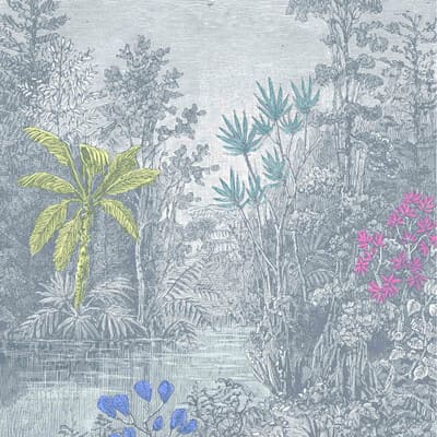 papier peint avec une forêt tropicale dans les tons gris avec quelques touches de couleurs