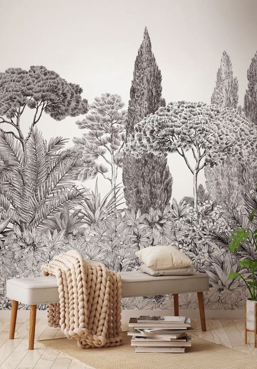 décor mural gris représentant un paysage avec des arbres