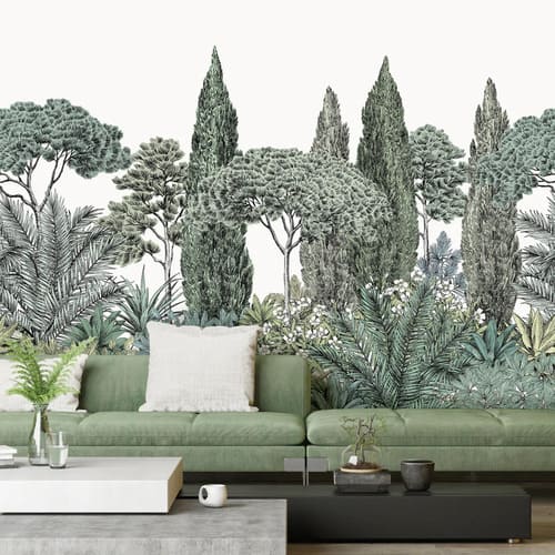 décor mural vert représentant un paysage avec des arbres