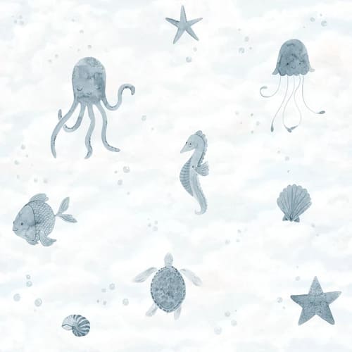 Papier peint pour enfants avec des dessins de poissons, d'étoiles, et de pieuvres.