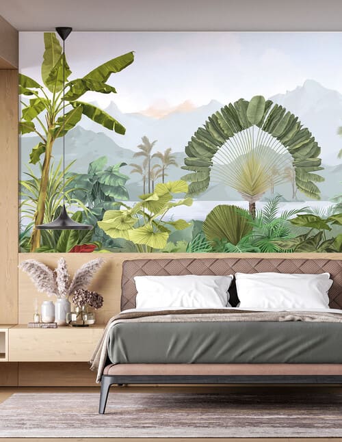 Papier peint panoramique vert représentant des arbres et des plantes exotiques de l'amazonie