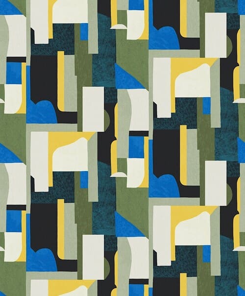 Papier peint avec des petites formes bleu et vertes géométriques et abstraites de la marque MASUREEL