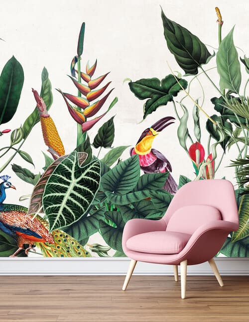Papier peint panoramique représentant des plantes et des animaux exotiques