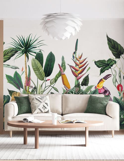 Papier peint panoramique représentant des plantes et des animaux exotiques
