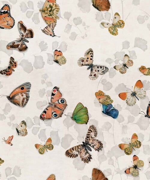Papier peint représentant des papillons multicolores sur un fond blanc