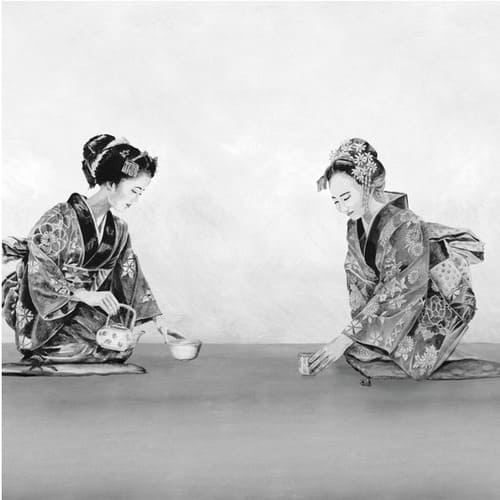 Décor mural représentant deux geishas au moment de la cérémonie du thé