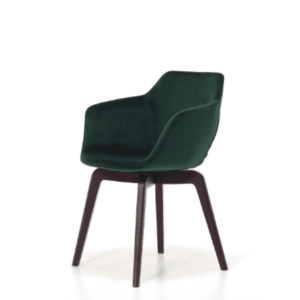 chaise avec un velours vert avec des pieds en noyer couleur bois foncé