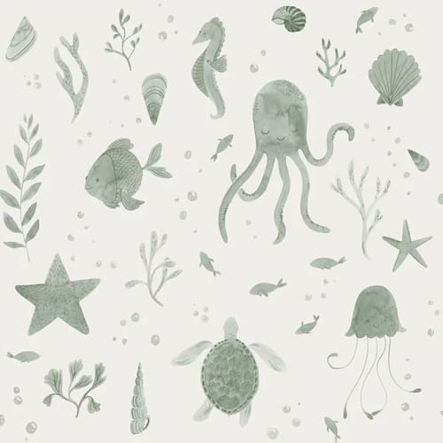 Papier peint pour enfants avec des dessins de poissons, d'étoiles, et de pieuvres.