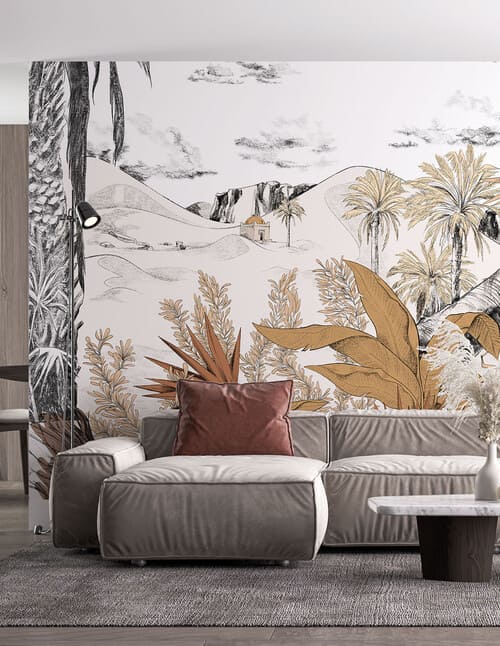 Papier peint panoramique représentant un paysage du désert avec des palmiers et des plantes exotiques