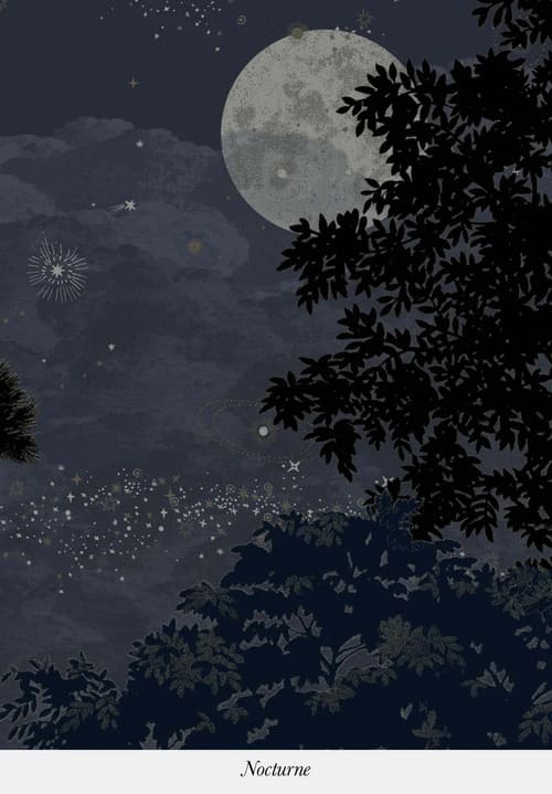 Papier peint panoramique noir représentant un ciel nocturne avec la pleine lune et des étoiles et des arbres