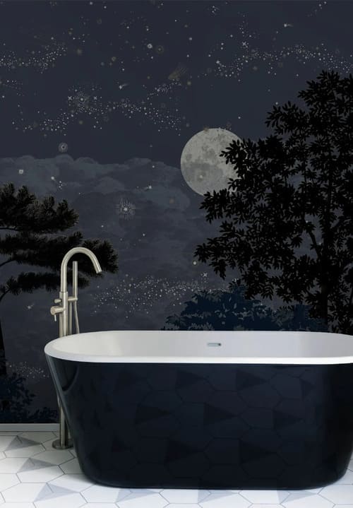 Salle de bain avec un Papier peint panoramique noir représentant un ciel nocturne avec la pleine lune et des étoiles et des arbres