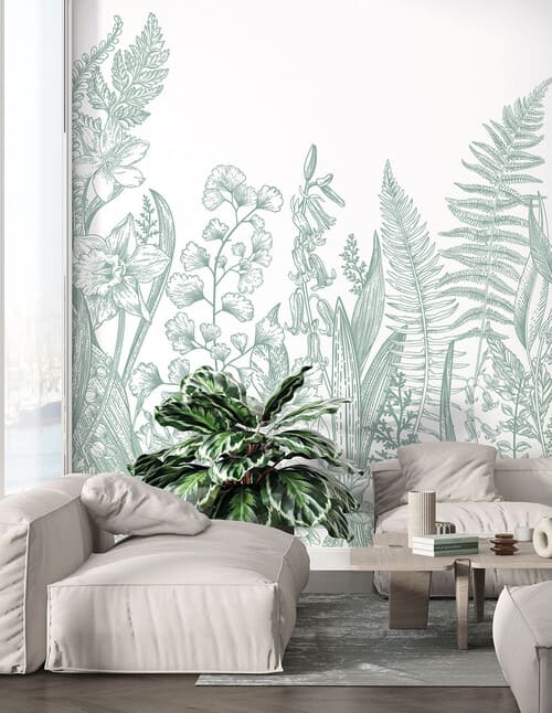 Papier peint panoramique vert et floral