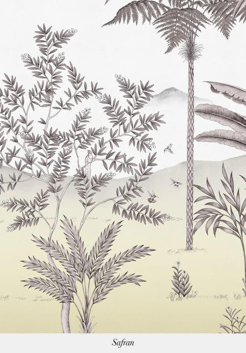 Papier peint panoramique beige dans un style chinoiserie, représentant des arbustes et des oiseaux