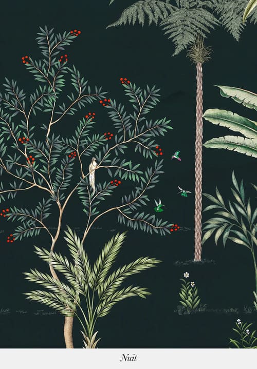 Papier peint panoramique noir dans un style chinoiserie, représentant des arbustes et des oiseaux