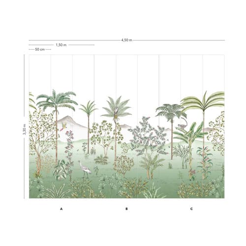 Papier peint panoramique vert dans un style chinoiserie, représentant des arbustes et des oiseaux