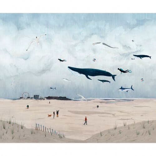 décor panoramique avec une plage et des baleines dans le ciel