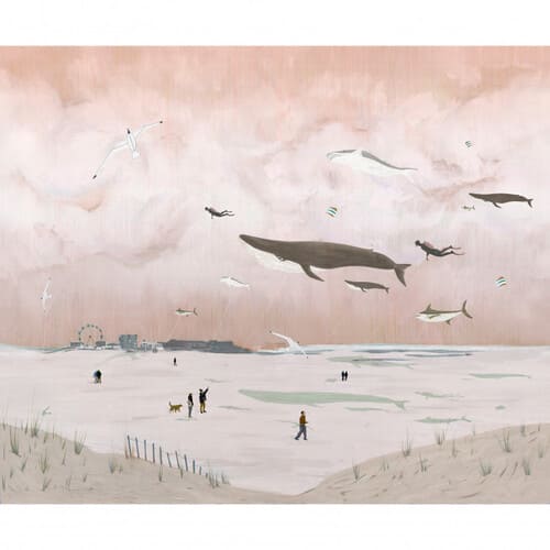 décor panoramique avec une plage et des baleines dans le ciel