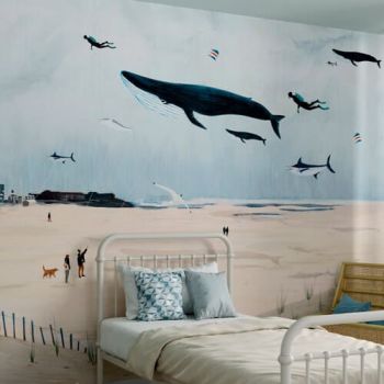 décor mural représentant une plage et des baleines dans le ciel