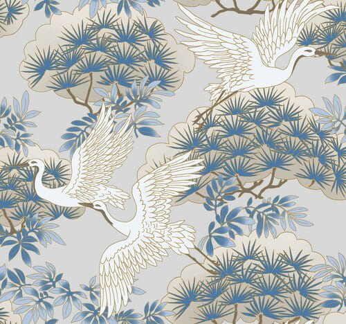 Papier peint d'inspiration japonaise représentant des grues et de la végétation sur un fond blanc.
