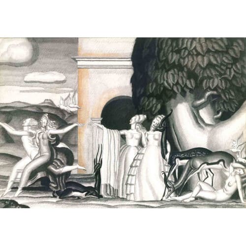 Papier peint représentant des femmes et un paysage dans un style Art Déco