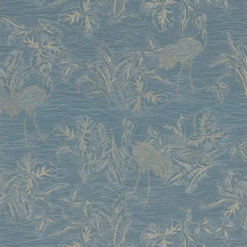 papier peint bleu avec des oiseaux migrateurs et de la végétation dessinés en blanc