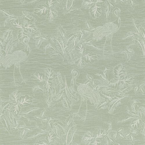 papier peint vert avec des oiseaux migrateurs et de la végétation dessinés en blanc