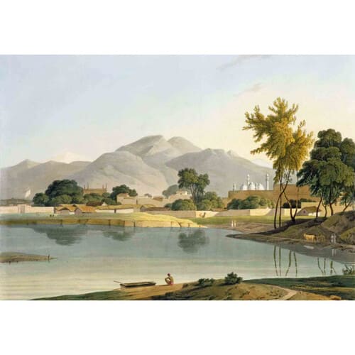 Papier peint représentant un paysage indien avec une mosquée et des montagnes dans le fond du paysage.
