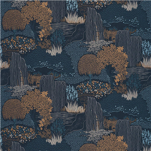 Papier peint représentant un jardin japonais dans des tons bleu
