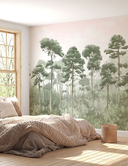 Papier peint panoramique dans les tons rose et vert représentant une forêt
