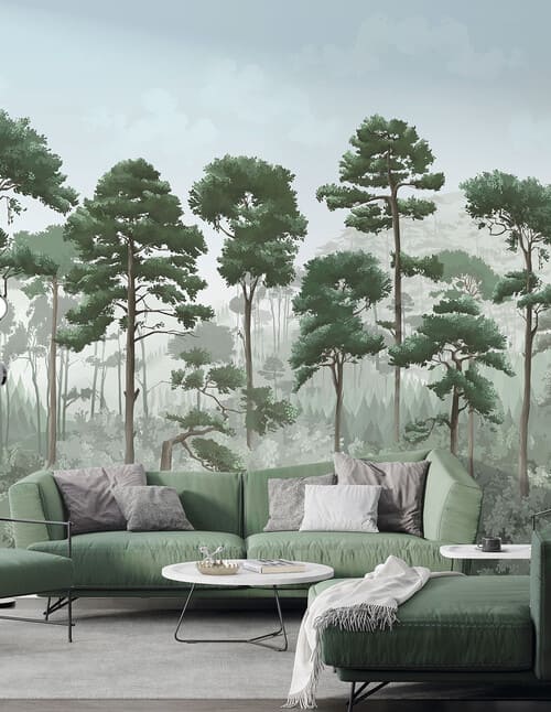 Papier peint panoramique dans les tons vert représentant une forêt