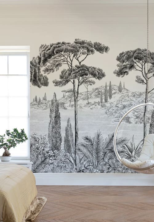 Chambre avec un Papier peint panoramique noir et blanc représentant la côte Méditerranéenne, avec des grands pins et la mer
