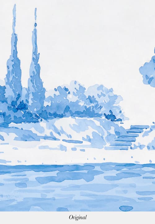 Papier peint panoramique bleu, représentant un rivage des côtes de Provence dans un style en aquarelle