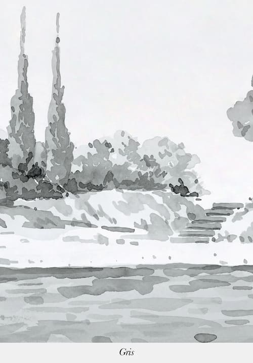 Papier peint panoramique gris, représentant un rivage des côtes de Provence dans un style en aquarelle