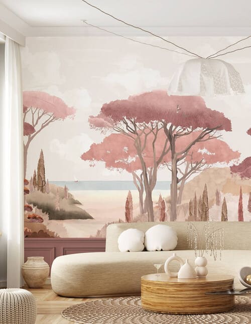 Papier peint panoramique dans les tons rose représentant un paysage de bord de mer