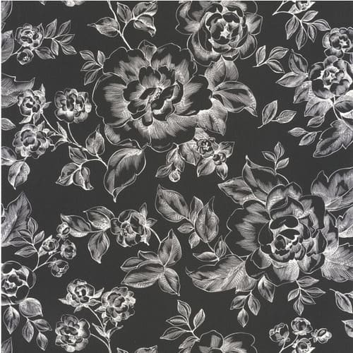 papier peint noir avec de grandes roses blanches