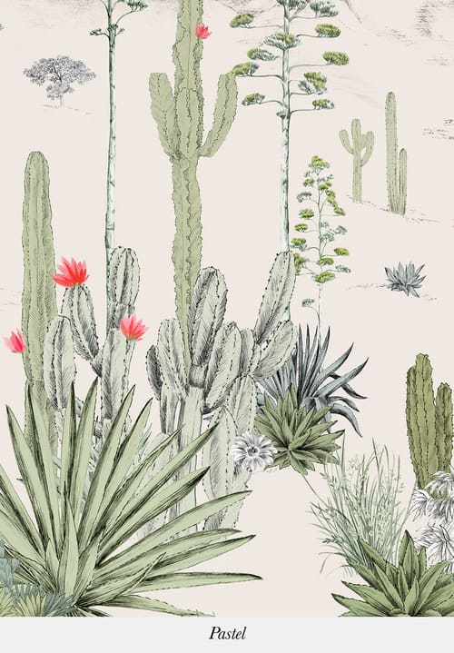 Papier peint en blanc et vert avec des cactus et des plantes exotiques, de la marque Isidore Leroy