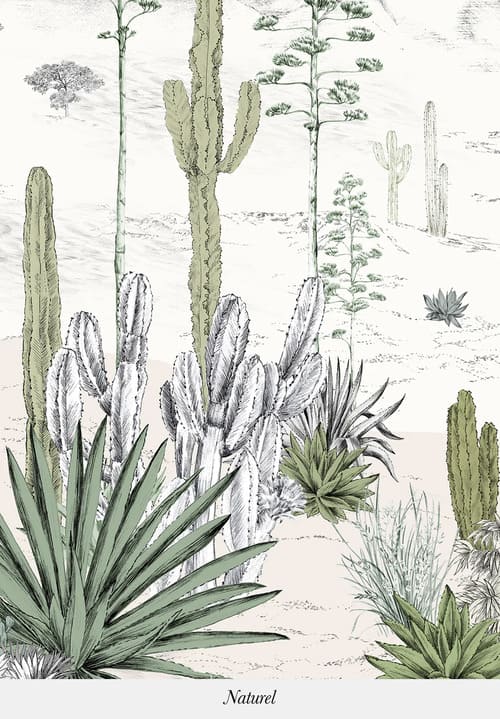 Papier peint en blanc et vert avec des cactus et des plantes exotiques, de la marque Isidore Leroy
