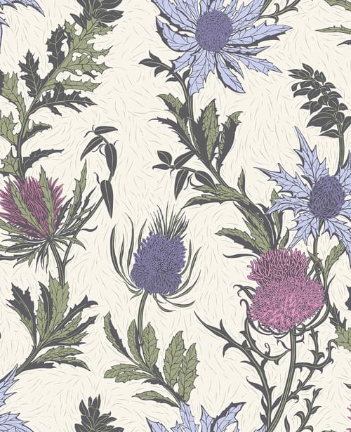 Papier peint dans les tons violet floral avec des fleurs anciennes de la marque COLE & SON