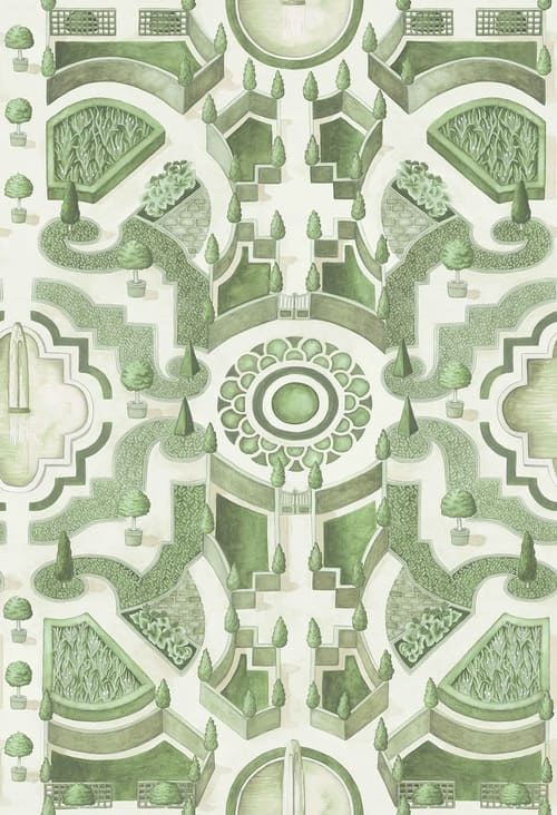 Papier peint vert représentant des jardins de manière géométrique de la marque COLE & SON