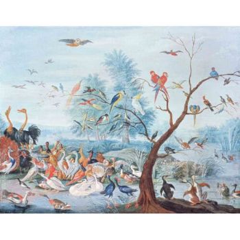 Papier peint panoramique représentant des oiseaux exotiques sur un fond bleu.