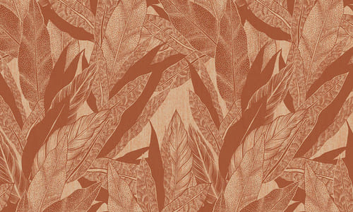 Papier peint végétal rouge avec des feuilles exotiques.