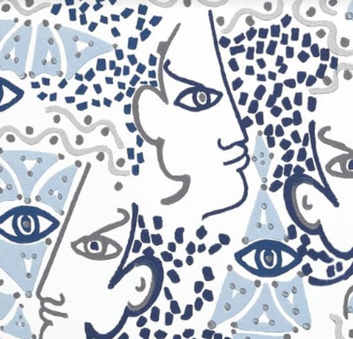 Papier peint bleu et blanc dans un style art déco montrant des visages