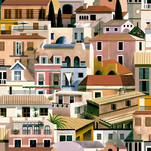 Papier peint représentant un village espagnol, il est multicolore.