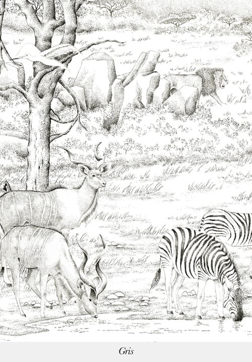 Papier peint panoramique en blanc et blanc représentant des animaux buvant au bord d'un marécage avec des plaines et des montagnes en arrière-plan